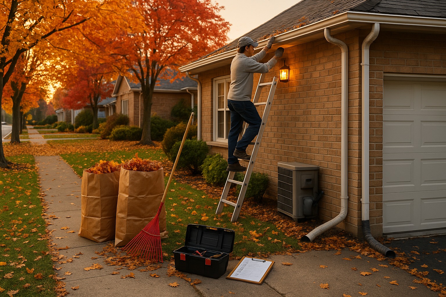 Homeowner clearing eavestroughs on a ladder beside a brick bungalow at sunset, with bagged leaves, a rake, and tidy autumn trees lining a quiet GTA street.